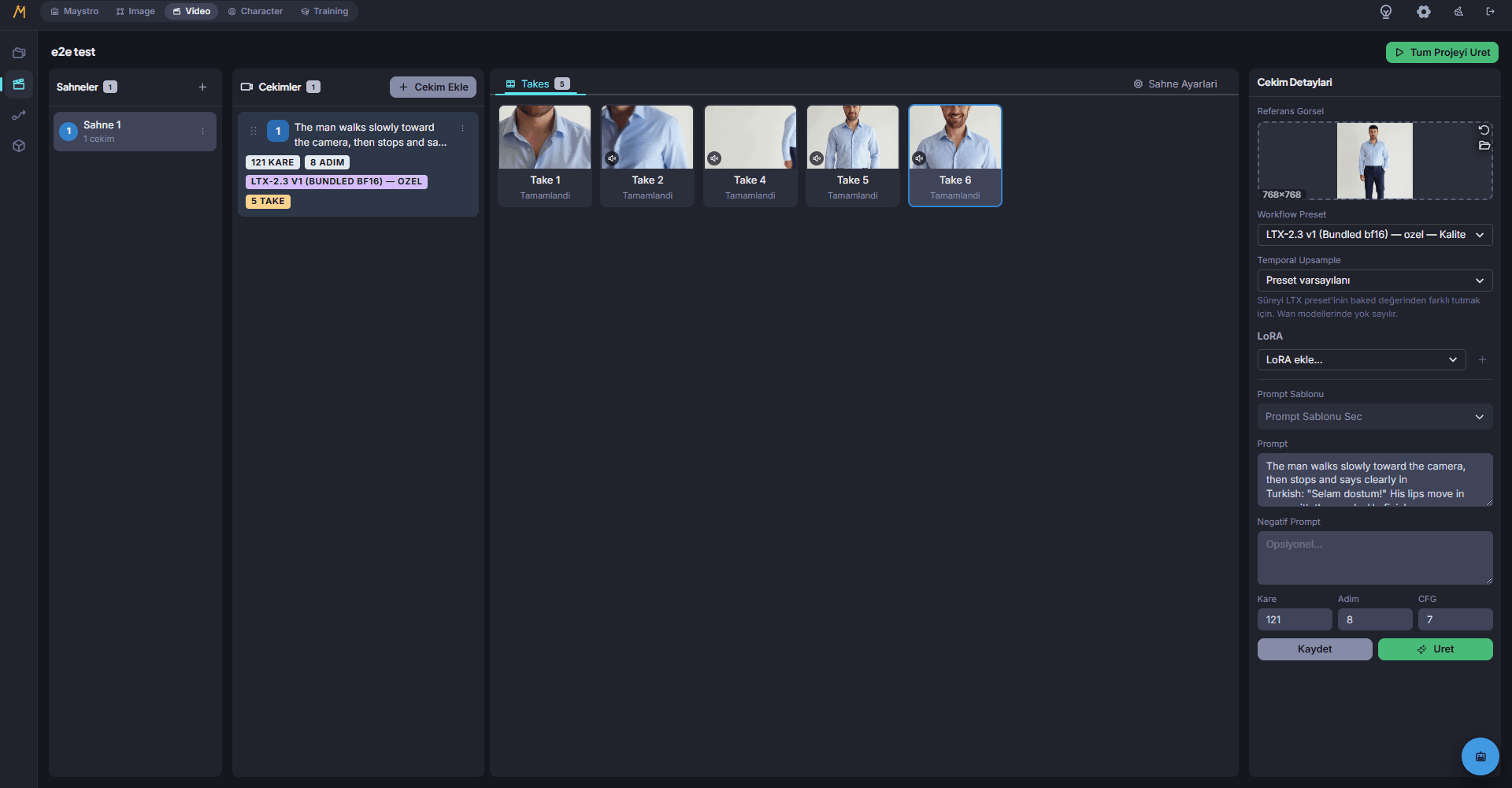 Maystro Storyboard workspace with scenes, shots and completed takes