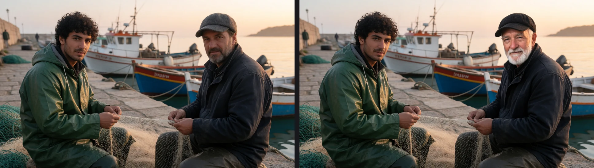 The scene generated without the character, and the same picture after the character was given to the man on the right
