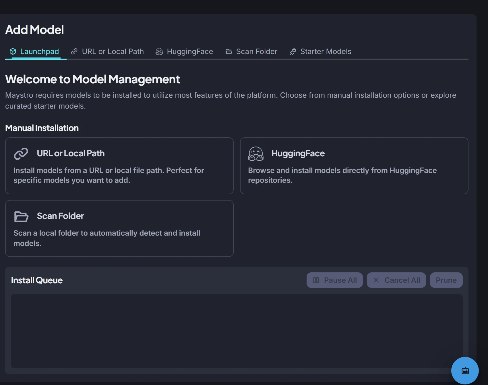 Add Model on the Manage page: URL or local path, HuggingFace, folder scan