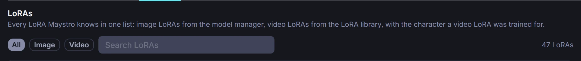 The LoRAs tab: one list, filtered by image or video